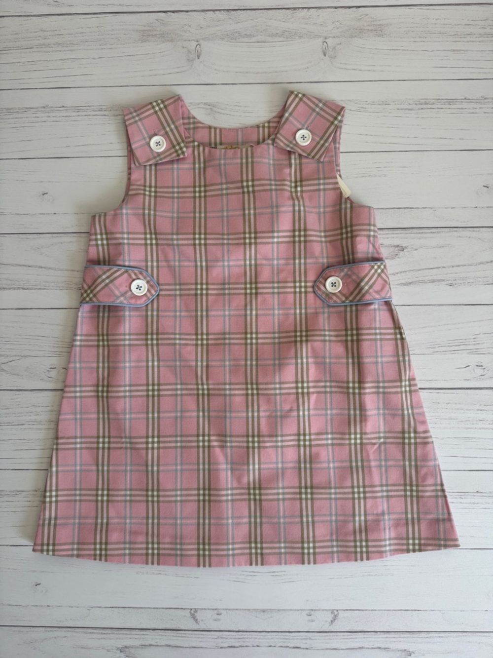 NWT TBBC Pink Plaid Button-Accent Girl's Pinafore Dress